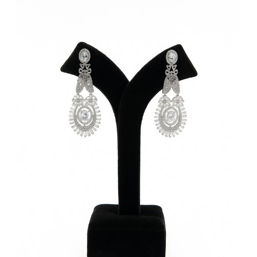 Elegant Silver Finish Long Earrings for Women with Clear Stone Detailing
